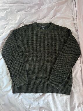 Forever 21 Men Olive Waffle Knit Crewneck Sweater - Medium